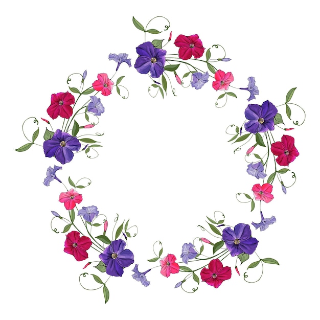 Plik wektorowy okrągła ramka w różowe i fioletowe petunie. ręcznie rysowane kwiaty.