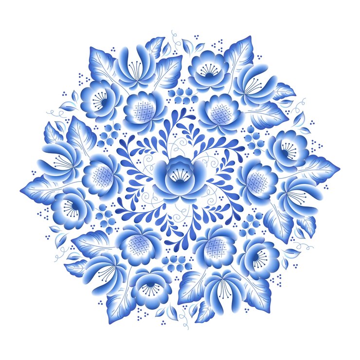 Wektor okrągła ramka z rosyjskiej porcelany w niebieskie kwiaty z pięknym ornamentem ludowym. ilustracja. dekoracyjna kompozycja.