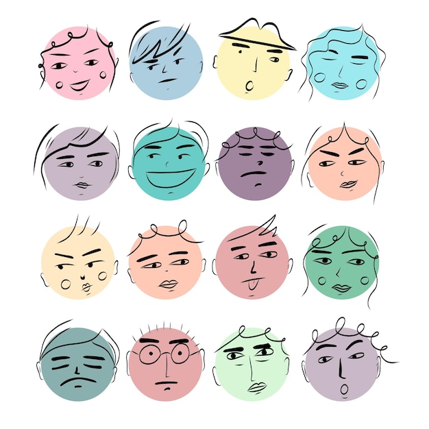 Plik wektorowy okrągłe abstrakcyjne twarze komiksowe z różnymi emocjami. różne postaci z kreskówek. ilustracja wektorowa