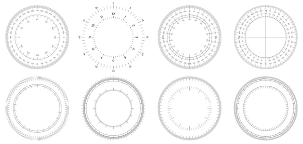 Plik wektorowy okrągłe okręgi pomiarowe o skali 360 stopni okrąg z liniami okrągła tarcza i skali zestaw wektorowy miernika