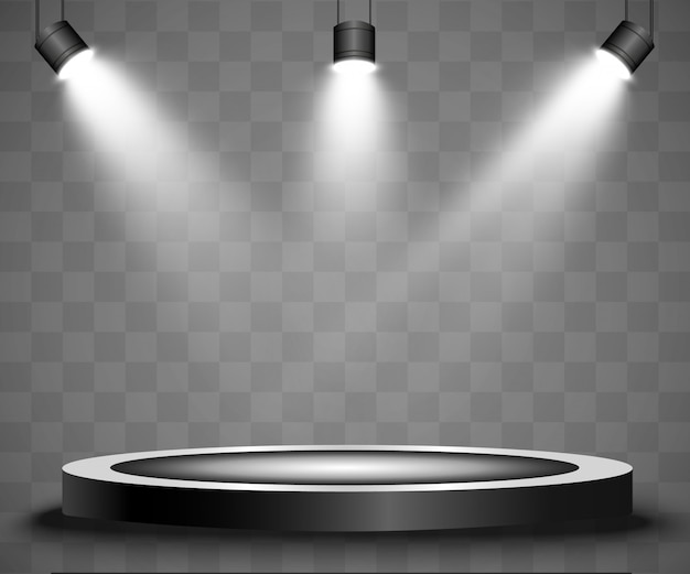 Okrągłe podium, cokół lub platforma, oświetlone reflektorami w tle. ilustracja. Jasne światło. Światło z góry.