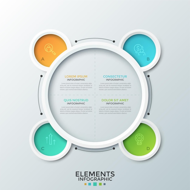 Okrągły diagram podzielony na 4 równe sektory i cztery kolorowe okrągłe elementy z ikonami cienkiej linii i literami w środku. Szablon projektu kreatywnych plansza. do prezentacji.