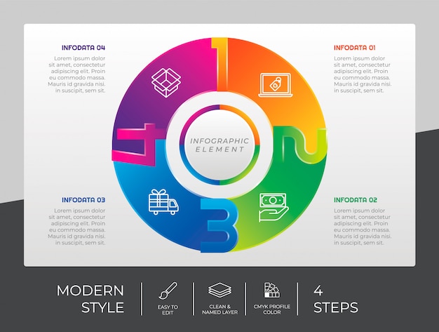Plik wektorowy okrągły plansza z 4 opcjami i nowoczesnym stylem do celów prezentacji. krok infografika
