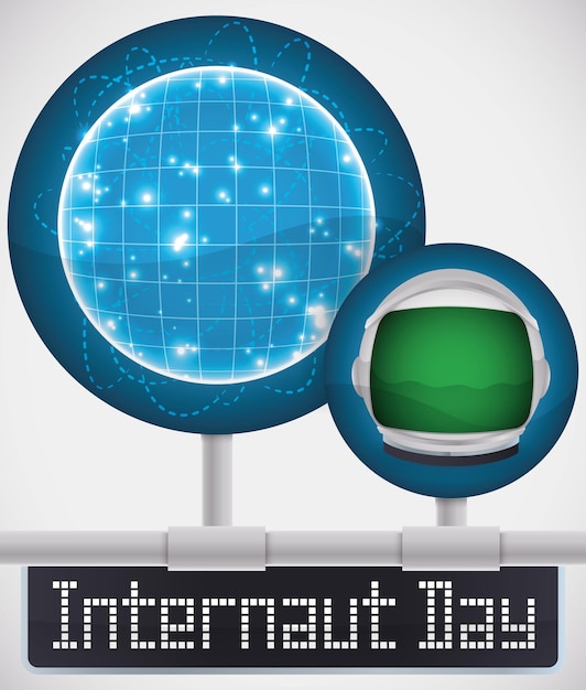 Okrągły Przycisk Z Globalną Siecią I Hełmem Astronauty Podłączonym Do Sieci W Celu Uczczenia Dnia Internautów