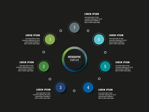 Okrągły Szablon Infografiki Z Siedmioma Okrągłymi Realistycznymi Elementami Na Czarnym Tle