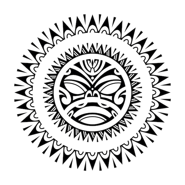 Plik wektorowy okrągły tatuaż z twarzą słoneczną w stylu maoryskim, afrykańskimi aztekami lub maską etniczną majów czarno-biały