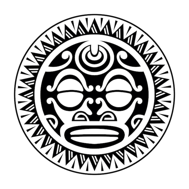 Okrągły Tatuaż Z Twarzą Słoneczną W Stylu Maoryskim, Afrykańskimi Aztekami Lub Maską Etniczną Majów Czarno-biały