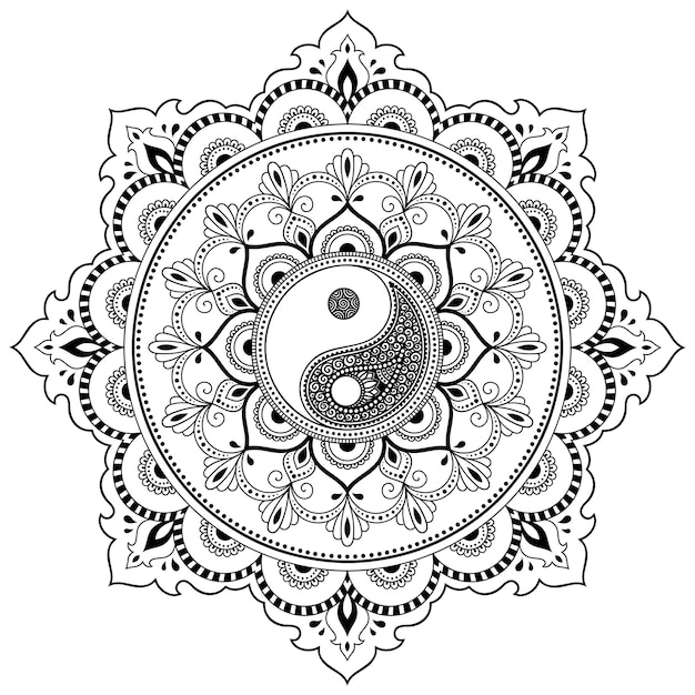 Okrągły Wzór W Formie Mandali Do Henny, Mehndi, Tatuażu, Dekoracji. Dekoracyjny Ornament W Etnicznym Stylu Orientalnym Z Ręcznie Rysowane Symbol Yin-yang. Zarys Ilustracja Wektorowa Bazgroły.