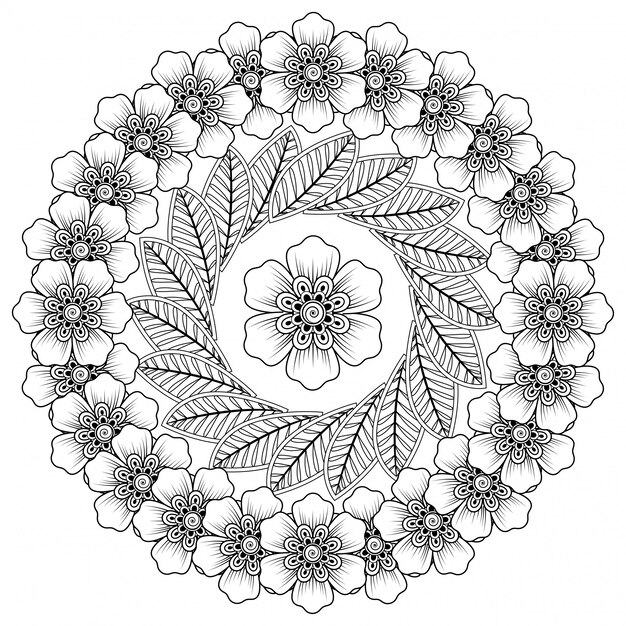 Okrągły Wzór W Formie Mandali Z Kwiatkiem Do Henny, Mehndi, Tatuażu, Dekoracji. Dekoracja Kwiatowa Mehndi W Etnicznym Orientalnym, Indyjskim Stylu.