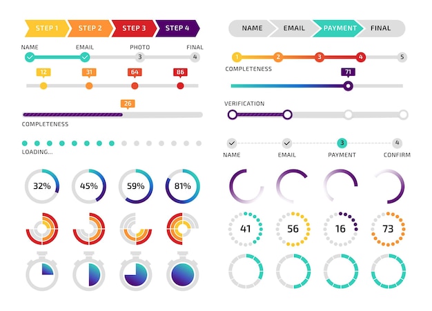 Okrągły zestaw ładujący i pasek postępu interfejs aplikacji interfejs pobierz element graficzny widżet śledzenia czasu Wektor zestaw infografiki smartfona