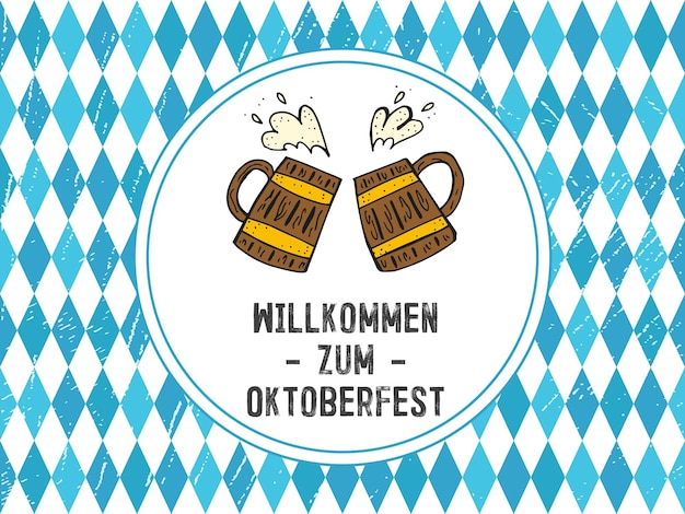 Plik wektorowy oktoberfest 2022 beer festival elementy handdrawn doodle okrągły emblemat z kubkami do piwa i tekstem z niebieskimi diamentami z teksturą napis w języku niemieckim witamy na oktoberfest