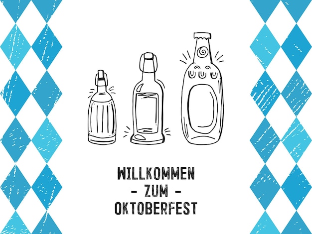 Oktoberfest 2022 Festiwal Piwa Handdrawn Zestaw Elementów Doodle Niemiecki Tradycyjny Wakacje Zarys Szklanych Butelek Piwa Z Napisem I Niebieski Rombów Na Białym Tle