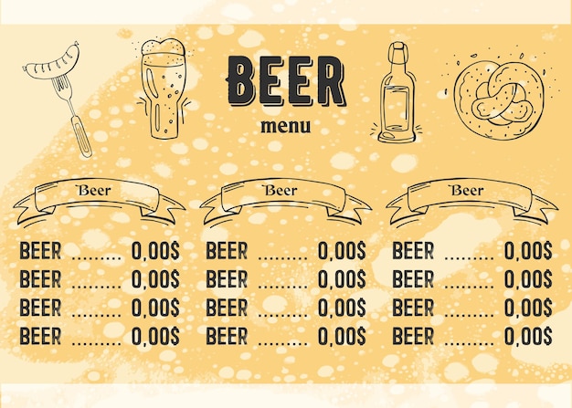 Oktoberfest 2022 - Festiwal Piwa. Ręcznie rysowane elementy Doodle. Niemieckie tradycyjne święto. Oktoberfest, piwo rzemieślnicze. Niebiesko-biały romb. Poziome menu piwa.