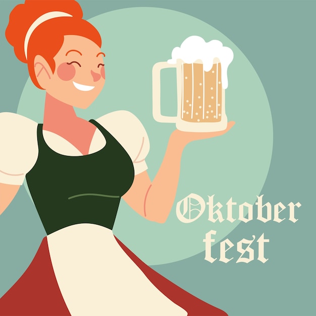 Oktoberfest Kobieta Kreskówka Z Tradycyjną Ilustracją Tkaniny I Piwa, Niemiecki Festiwal I Temat Uroczystości