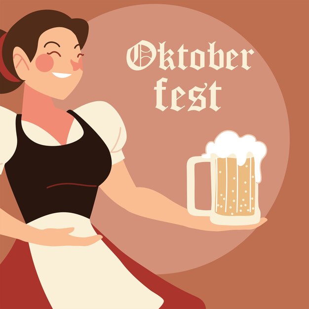 Oktoberfest Kobieta Kreskówka Z Tradycyjną Ilustracją Tkaniny I Piwa, Niemiecki Festiwal I Temat Uroczystości