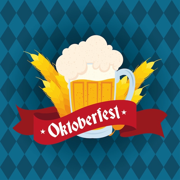 Oktoberfest Party Napis Na Wstążce Z Słoikiem Piwa I Kolcami Jęczmienia Wektor Ilustracja Projekt