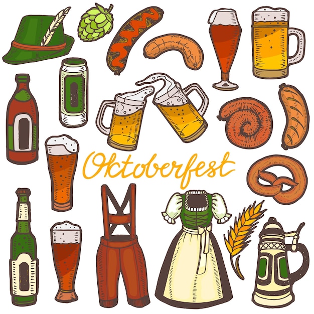 Oktoberfest Set Festival Collection w ręcznie rysowanym stylu dla ulotek banery drukuje plakaty karty menu