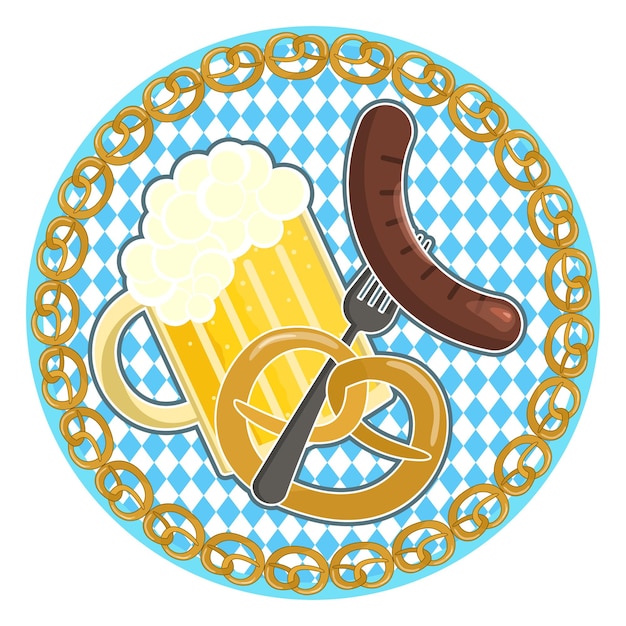 Plik wektorowy oktoberfest symbol z kiełbasą piwną i preclem na okrągłym tle flagi bawarii