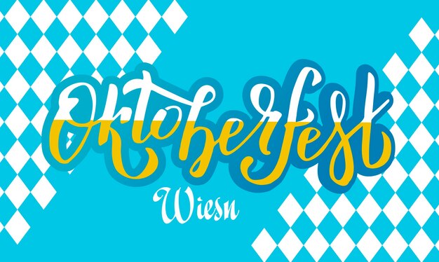Oktoberfest Wiesn Odręczny Napis Logo Na Biało-niebieskim Bawarskim Wzorze Transparent Wektor Festiwalu Piwa Niebieski Biały Napis Typografii Dla Karty Plakatowej Słowo Jest Wypełnione Spienionym Piwem
