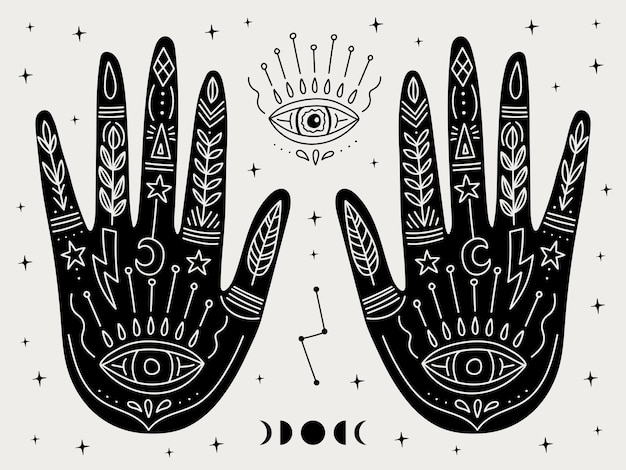 Plik wektorowy okultystyczne magiczne dłonie z czarownicą mistycznymi symbolami czarów ręcznie rysowane ramię z księżycem i złym okiem