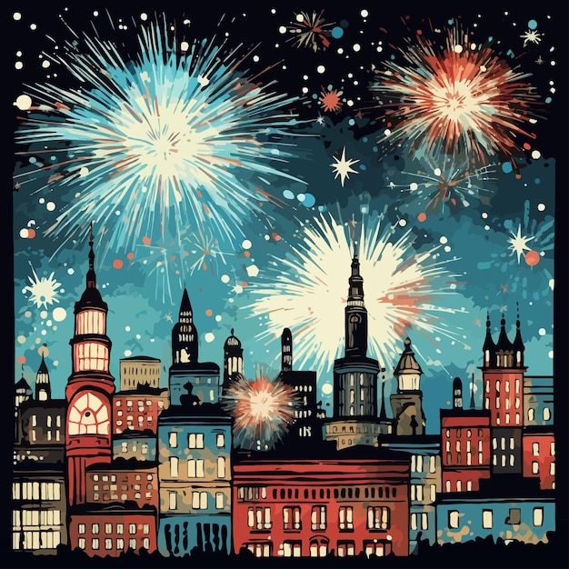 Plik wektorowy old_cityscape_with_celebration_fireworks_vector