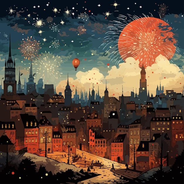 Plik wektorowy old_cityscape_with_celebration_fireworks_vector