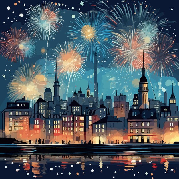 Plik wektorowy old_cityscape_with_celebration_fireworks_vector