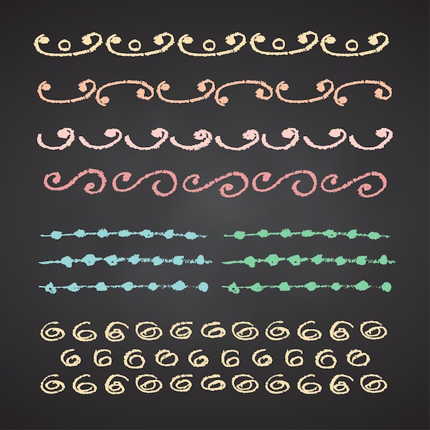 Ołówek węglowy ręcznie rysuje kręcone linie Swishes swashes swoops swooshes scribbles and squiggles Kolorowe elementy kredy na czarnej tablicy Grunge ołówek do rysowania tekstury uderzenia ilustracja wektorowa