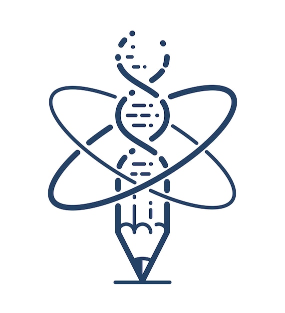 Ołówek Z Atomem I Nicią Dna Wektor Prosta Ikona Liniowa, Edukacja I Nauka Fizyka I Symbol Sztuki Linii Biotechnologii, Badania Biologii I Rozwiązania.