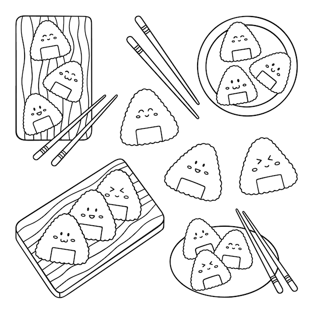 Onigiri Doodle Japońskie Jedzenie W Stylu Szkicu Kuchni Azjatyckiej