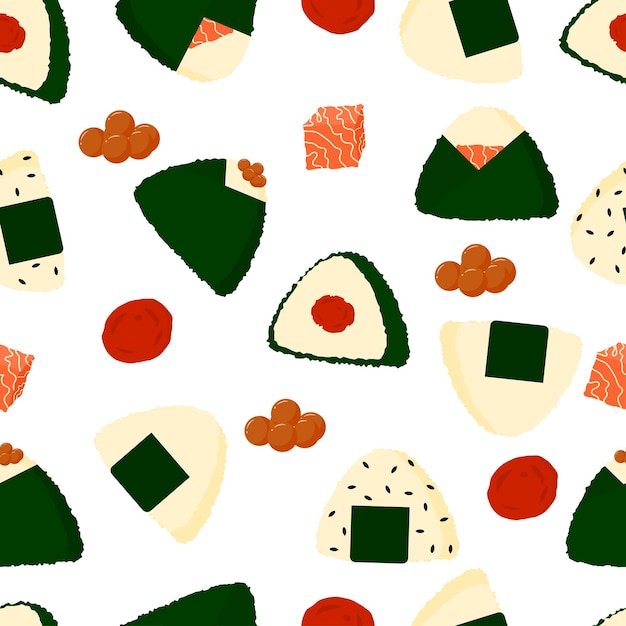 Onigiri zestaw bezszwowy wzór z wypełnieniem płaskiej ilustracji wektorowych. Japońska kulka ryżowa