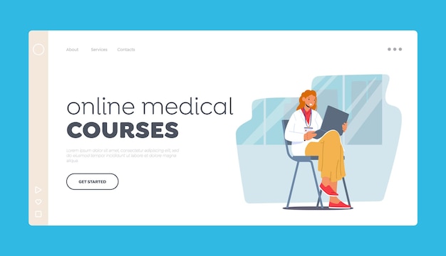 Online Medical Courses Landing Page Template Student Stażysta Postać Kobiety W Mundurze Lekarza, Siedząc Na Krześle