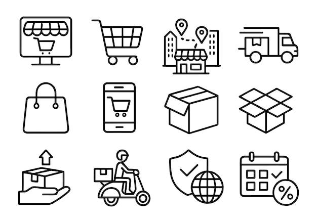 Online shopping icons represent ecommerce activities and delivery logistics in a modern retail environment