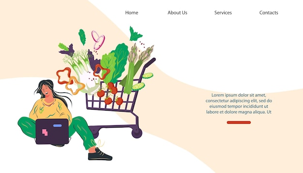 Online zakupy spożywcze szablon transparent kreskówka płaskie wektor ilustracja