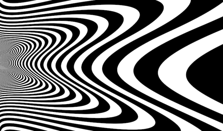 Wektor op art zniekształcona perspektywa czarno-białe linie w ruchu 3d streszczenie tło wektor, złudzenie optyczne szalony liniowy wzór, artystyczna ilustracja psychodeliczna.