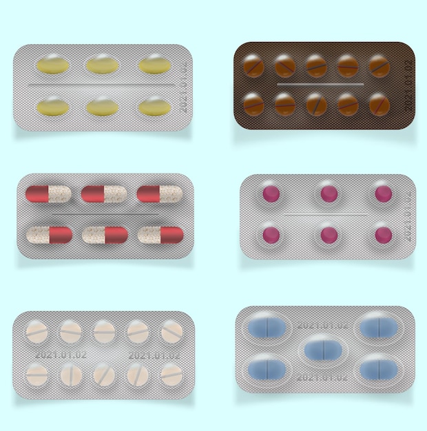 Opakowania 3d Dla Leków Leki Przeciwbólowe Olej Rybny Antybiotyki Witaminy I Pigułki Tabletki I Kapsułki Wektor Ilustracja Na Białym Tle Na Tle Z Cieniem