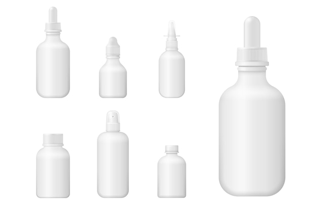 Opakowania medyczne 3D na leki płynne pigułki Makieta kosmetyczna Realistyczne butelki na leki wektorowe