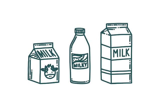 Opakowania Mleka W Stylu Doodle Butelka Mleka I Pudełka Na Białym Tle Ilustracja Wektorowa