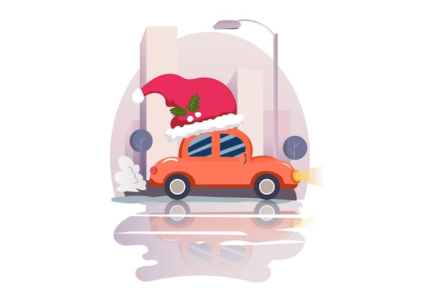Plik wektorowy opakowania prezentów samochody wesołych świąt płaski styl ilustracja