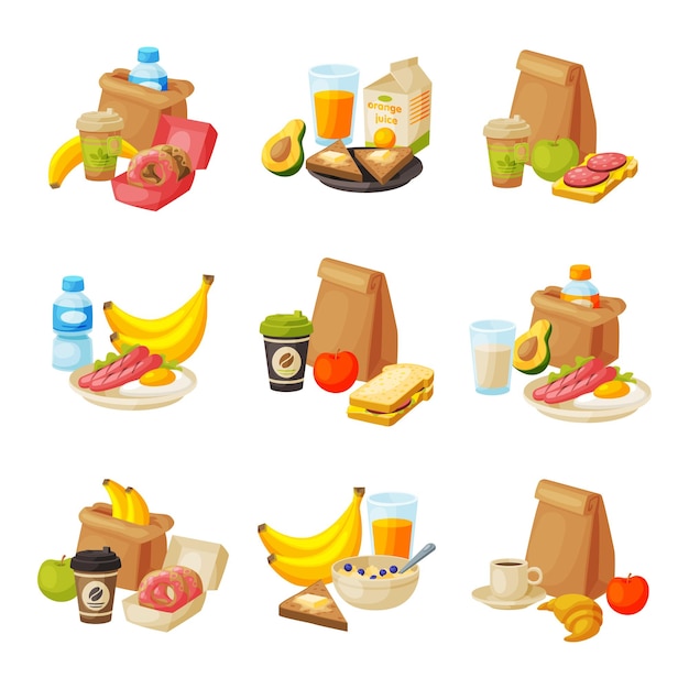 Plik wektorowy opakowanie papierowe z zdrowym zestawem śniadaniowym, torby obiadowe dla dzieci szkolnych, ilustracja wektorowa