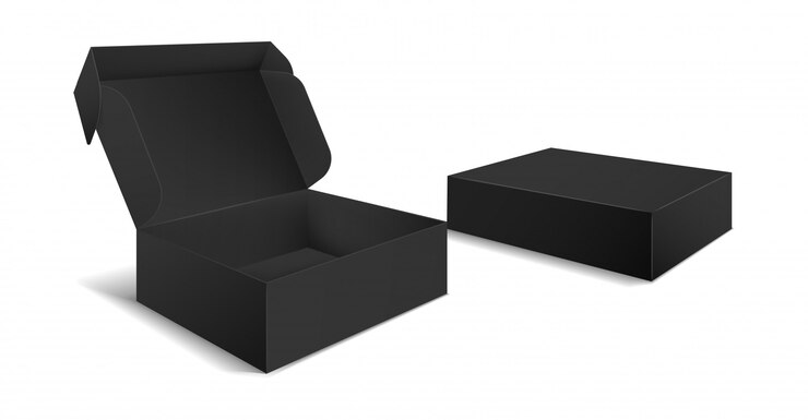 Wektor opakowanie z czarną skrzynką. widok z boku otwarte i zamknięte puste pudełka na prezenty. pusty karton czarny produkt pakiet szablon 3d