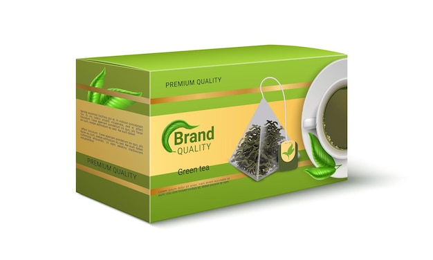 Opakowanie zielonej herbaty Realistyczny projekt opakowania produktu Szablon tożsamości marki z miejscem na kopię Torebki piramidowe na suszone liście Towar najwyższej jakości Wektorowy kartonowy pojemnik