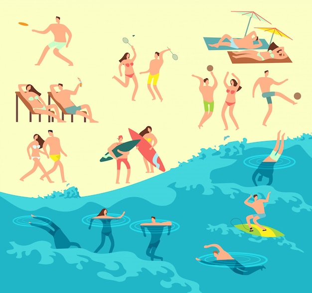 Opalanie, Granie I Pływanie Ludzi Na Letniej Plaży