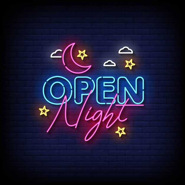 Open Night Neon Znaki Styl Tekst Wektor