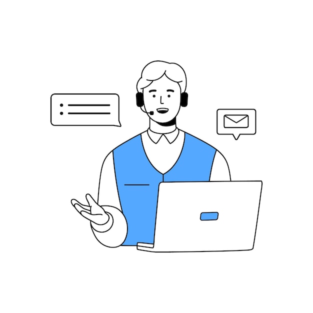 Operator centrum telefonicznego pomaga klientom Pracownik usługi wsparcia online w słuchawkach rozmawia z klientami Pracownik pracuje na linii gorącej ds. skarg Helpdesk Płaska izolowana ilustracja wektorowa na białym