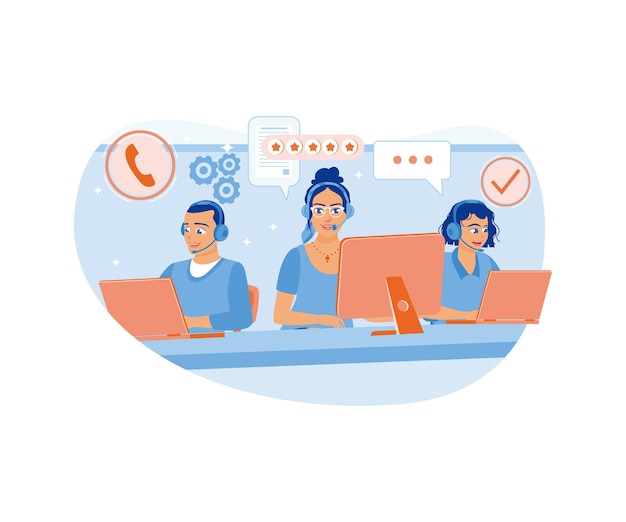 Operatorzy hotline pracują w biurach call center Odbierają połączenia od klientów Koncepcja operatora hotline Ilustracja wektorowa płaska