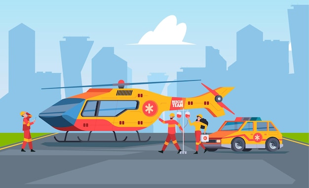 Opieka medyczna transport miejski wypadek szpital szybki ratunek ratownik pilna katastrofa jaskrawy wektor ilustracja płaskie tła