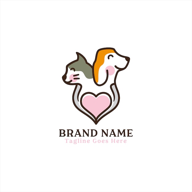 Plik wektorowy opieka nad dwoma szczeniakami i kociakami w szablonie projektu logo w kształcie miłości