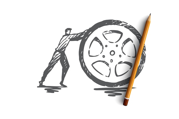 Plik wektorowy opona, koło, auto, transport, koncepcja naprawy. ręcznie rysowane szkic koncepcji usługi naprawy koła. ilustracja.