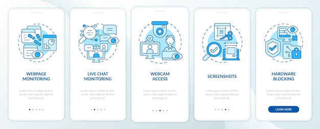 Oprogramowanie do monitorowania pracowników niebieski ekran strony aplikacji mobilnej onboarding